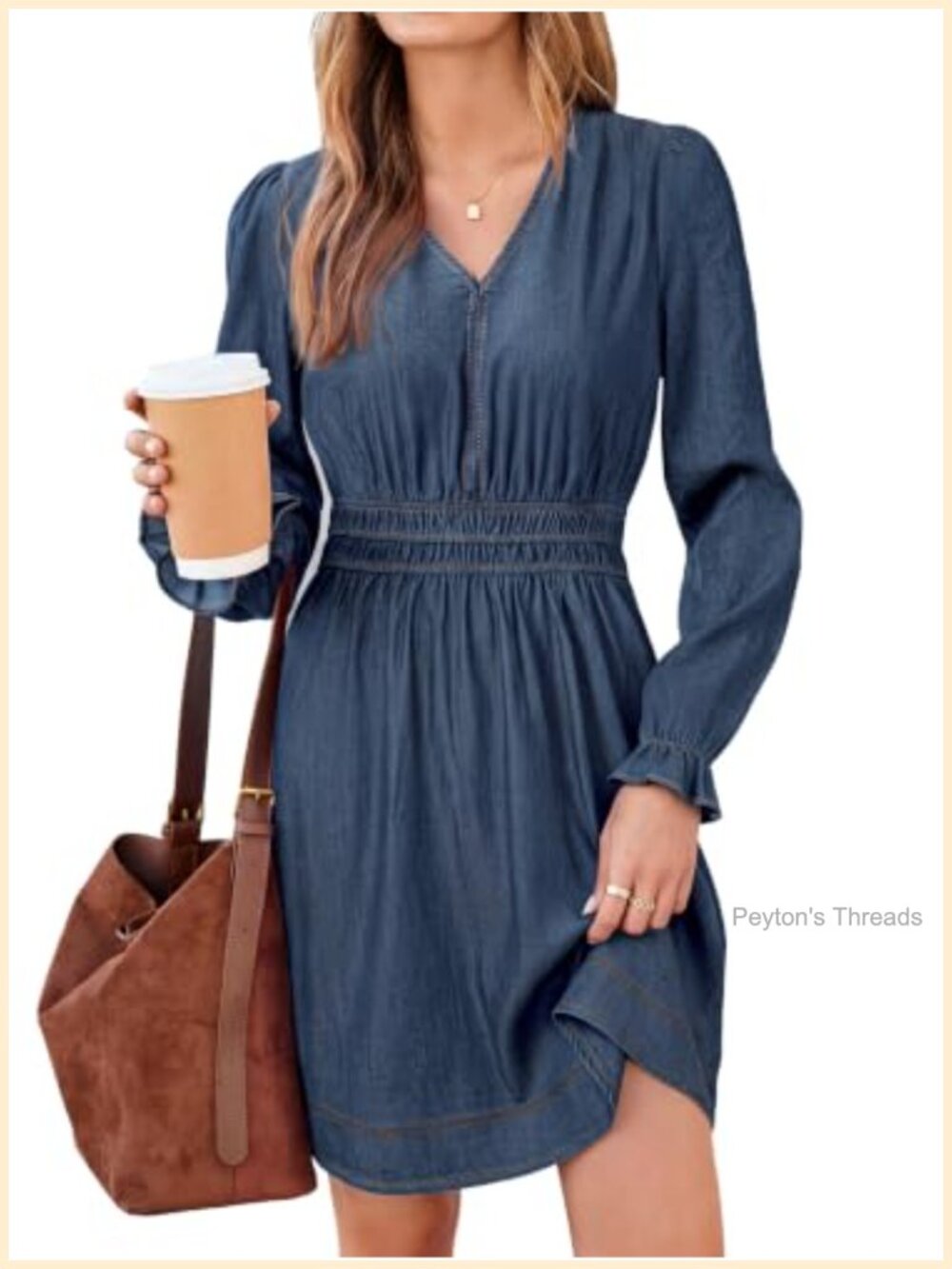 Soft Lyocell Denim Mini Dress Smocked Waist Long Sleeve V Neck